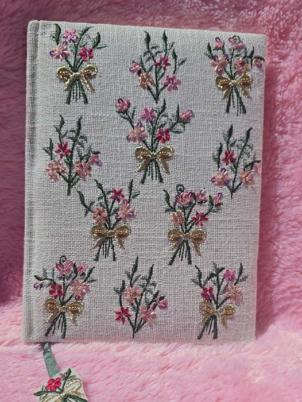 Beaded Linen Floral Journal Cover in Pink, Gold & Green